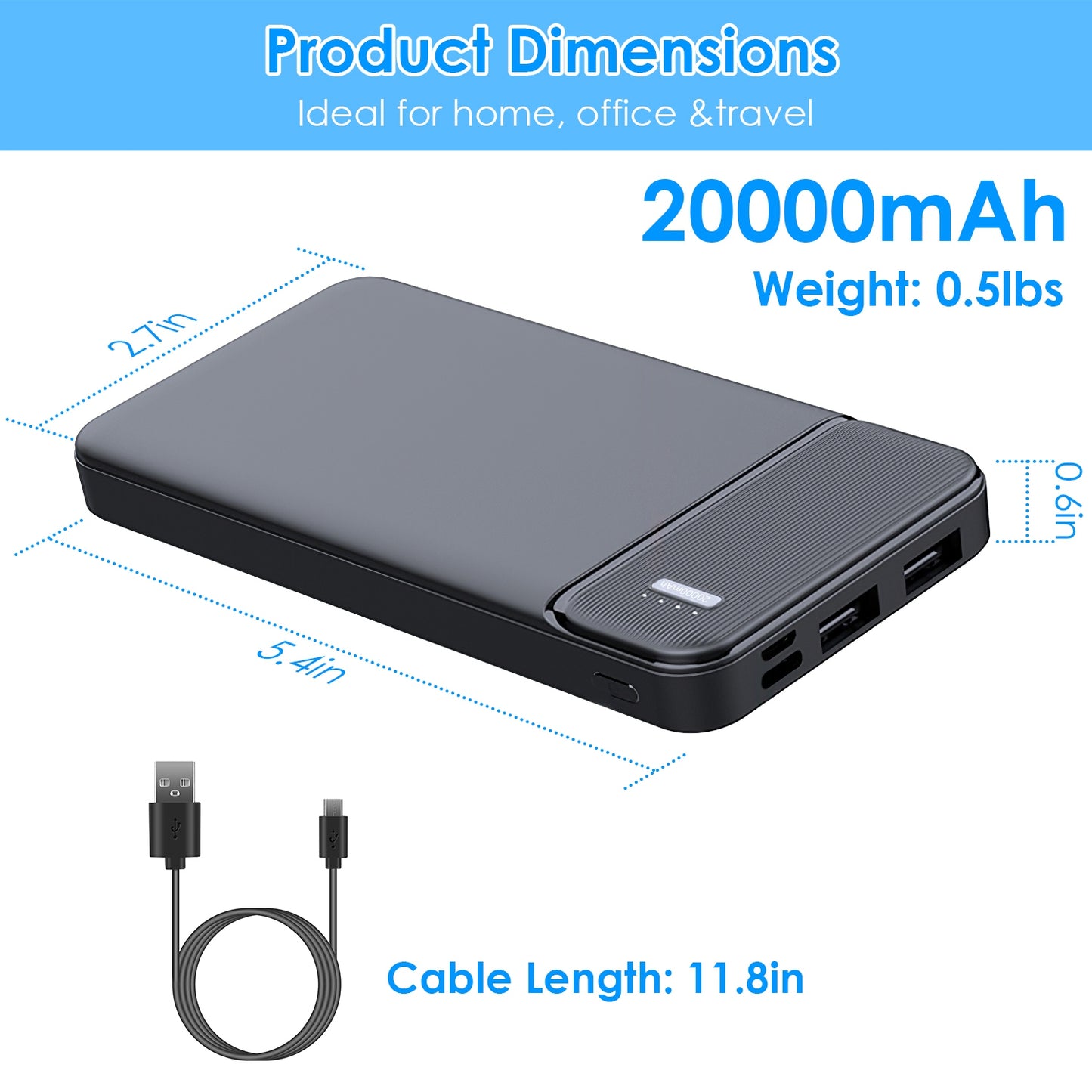 Power Bank 20000mAh Fast Charging  With 1 USB Cable